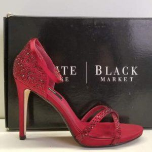 White House Black Market Beaded Satin Crimson 4" Strappy Stiletto-Like New